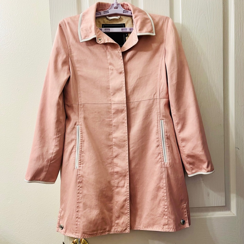 Coach Leatherware Pink Walking Trench Coat Women 2 Leather Trim Signature Lining